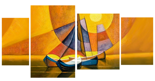 Quadro moderno a più pannelli eseguito a mano su tela uniti da tozzetti in legno. - brunelleschi